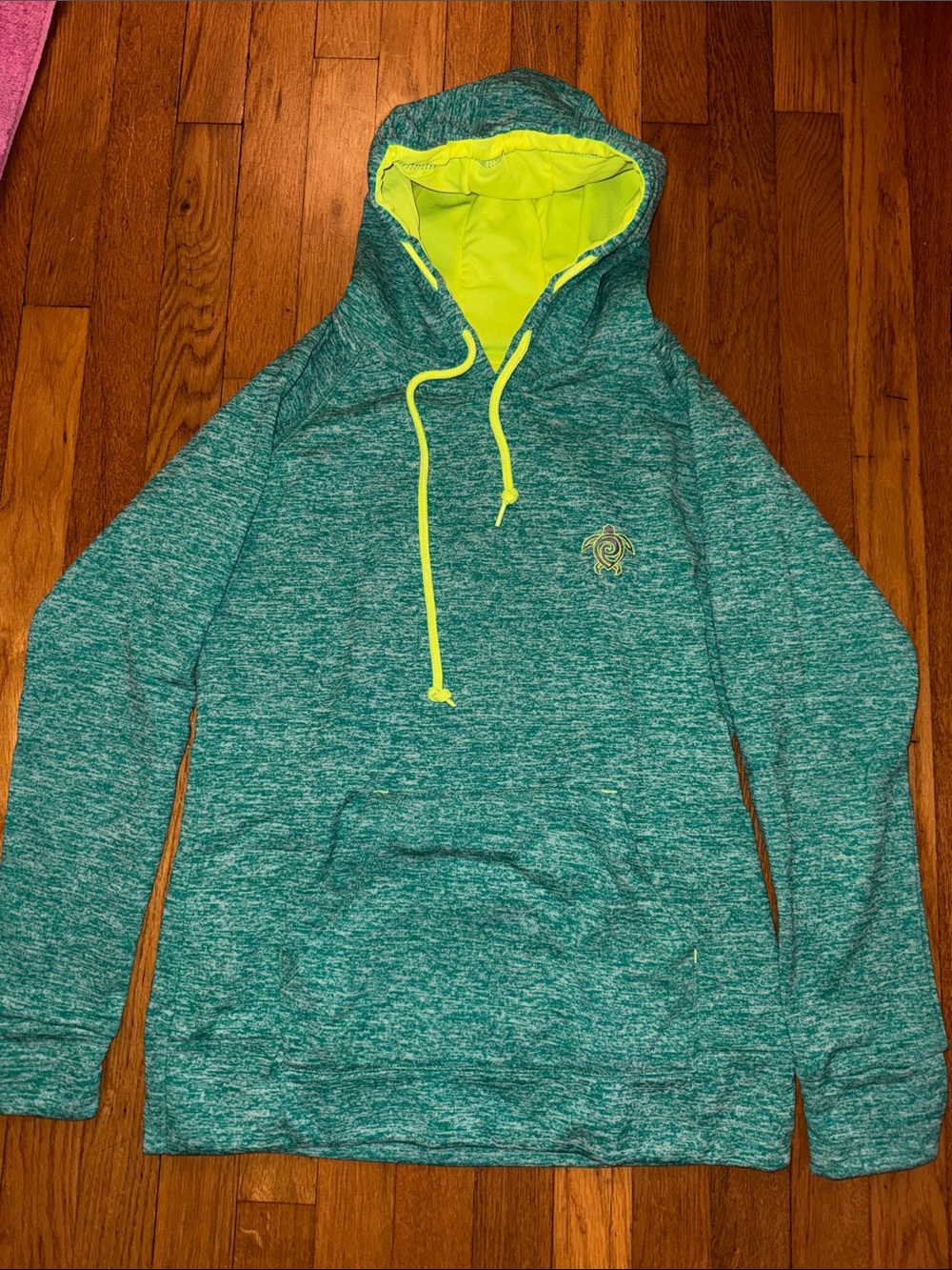 Teal Marled Hoodie with Neon Yellow Drawstrings